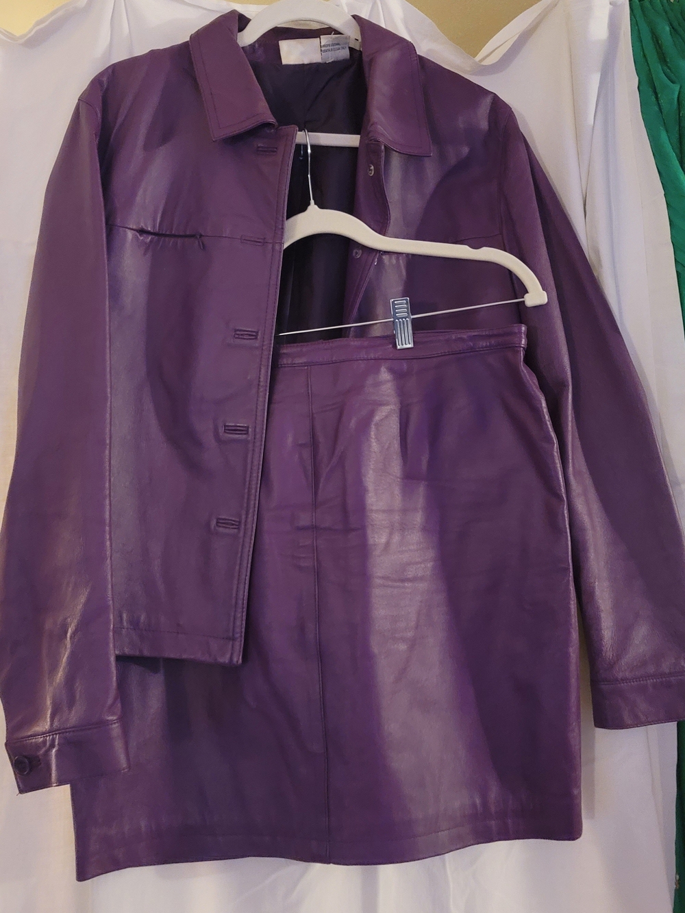 Newport News Purple Leather Jacket and Skirt Set